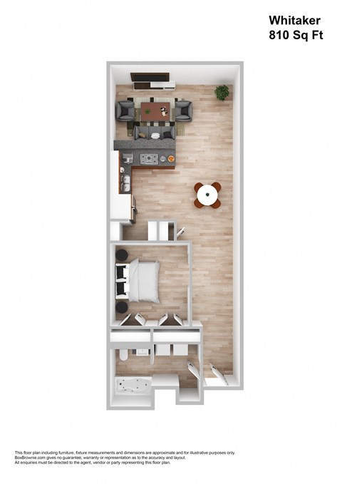 Floor plan for 1 bed, 1 bath, 810 sqft